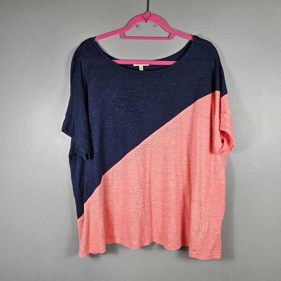 Anthropologie Bordeaux 100% Linen Colorblock Pink/Navy Blouse Women's Large - Picture 1 of 5